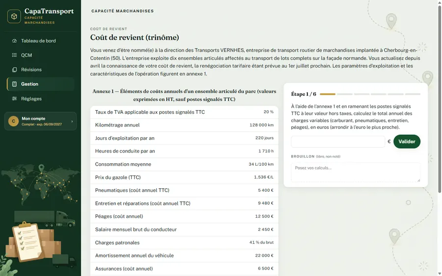 Atelier coût de revient : dossier d'entreprise et annexe 1 des coûts annuels, étape 1 à résoudre.