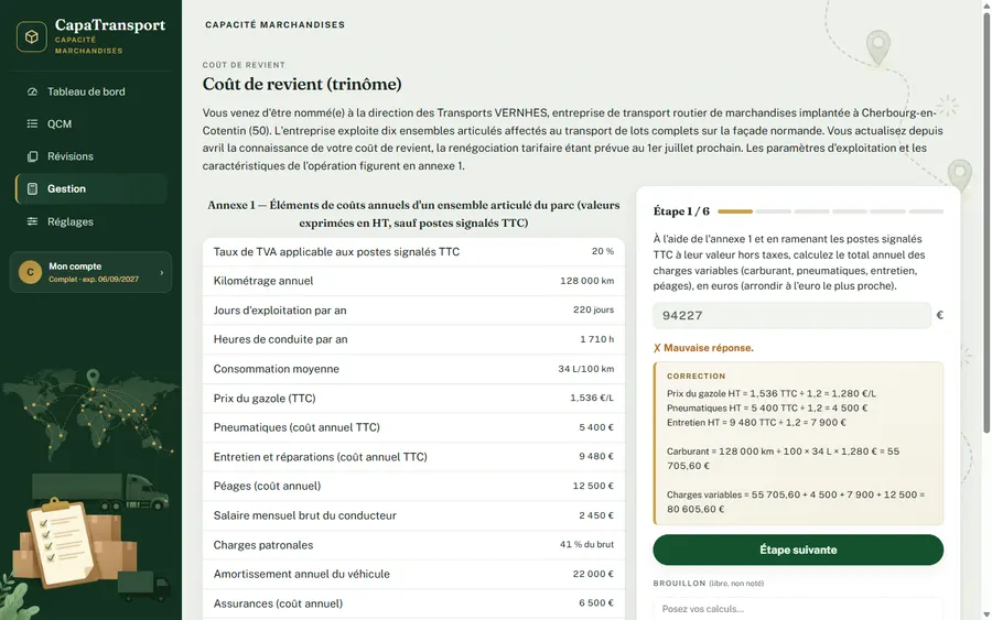 Atelier coût de revient : réponse fausse à l'étape 2 et correction du terme kilométrique.