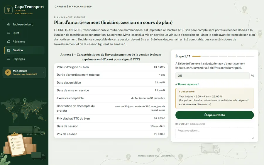 Atelier plan d'amortissement : annexe de l'investissement, étape 1 juste et corrigée.