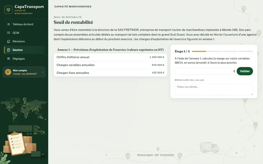 Atelier seuil de rentabilité : charges et chiffre d'affaires en annexe, première étape.