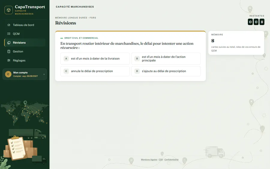 Écran des révisions : cartes dues aujourd'hui et prochaines échéances.